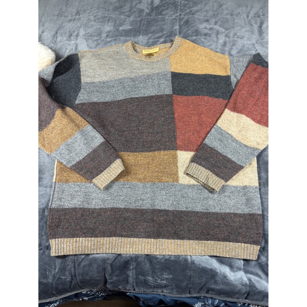 Tricots St Raphael Mens Merino Wool Colorblock Sweater Earth Tone Made Uruguay